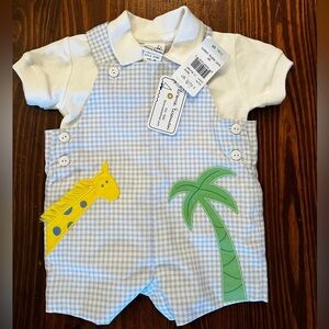 FLORENCE EISMAN 2 Piece Set Blue Gingham Jumper and White Collar Shirt Giraffe